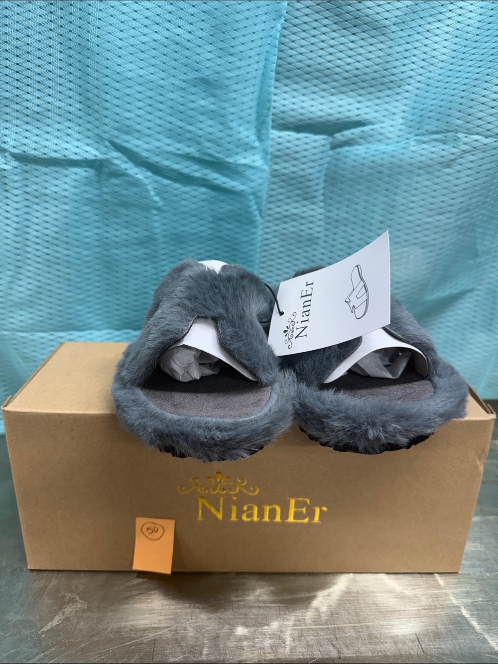 Women's Plush Gray Fur Slide Slippers